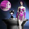 Woman dressed in purple satins and black lace with a black toon cat.