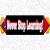 Banner with fake school logo, books computer
