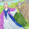 Two maidens frolic in the grass by a castle moat