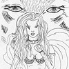 A woman in skimpy chainmail armor and a billowy cloak stands in front of a giant wolf head.