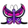 A pink, purple, teal and black and white butterfly with wings wide open.