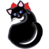 A sleek black cat with a red bow and blue eyes.