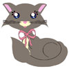 A grey and cream toon kitty with big blue anime eyes and a pink ribbon collar.