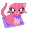 A pink kitten on a purple cushion. Rosie has one ear flopped down and delicate pale pink stripes here and there.