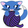 A little blue kitten with a white tail tip and a large ball of purple yarn.