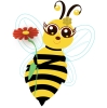 A yellow bee with black stripes, big brown eyes with long lashes, a honeycomb flower on her head, and a flower in her hands.