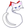 A white cartoon cat with big blue eyes that hold bass clefs and a large red bow.
