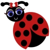 A black and red ladybug with a smile and a red and white bow by her antennas.