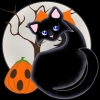 A sleek black cat with an orange bow, blue eyes, glowing full moon, and a Jack-o-Lantern