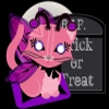 A little pink kitty with butterfly wings in a fairy costume, sitting on a purple and black cushion in front of a full moon and gray tombstone that says R.I.P and Trick or Treat