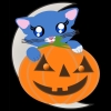 A little blue kitten with a white tail tip and a large ball of purple yarn.
