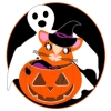 An orange kitty with a black and purple with costume, sitting in a jack-o-lantern with a ghost behind her.