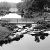 Black and White Bridge over pond full of reflections of trees at Choate in Connecticut.