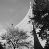 A brick church with a slim cross at the top surrounded by trees.